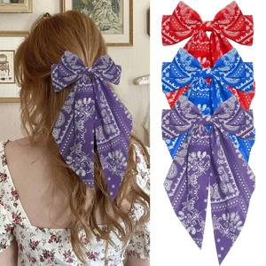 lot 1178 image: Hair Bows for Women Girls Silky Satin Big Bows Hair Barrettes Oversized Hair Accessories Vintage Long Tail Hair Ribbons -3Pcs -Red Purple Blue