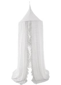 lot 697 image: NOT TEXTURED SMALL STAIN, SEE PHOTOS Wonder Space Elegant Kids Bed Canopy - Lace Chiffon Netting with Pom Pom, Princess Girls Fairy Dream Tent, Nursery Room Baby Crib Hanging Curtain Mosquito Net Children Reading Nook Decoration (White) - Retail $0