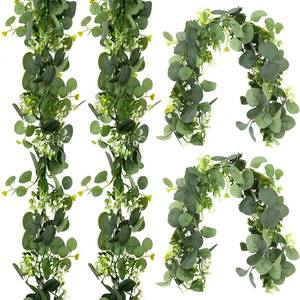lot 703 image: Aeaocvo 4 Pack Eucalyptus Garland for Table, 5.9ft Faux Garlands Greenery for Centerpieces, Artificial Eucalyptus Garlands for Table Decor, Fake Vine Garland for Wedding Backdrop Arch Wall Decoration - Retail $14
