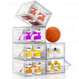 lot 710 image: Thickened Clear Shoe Storage Organizer with Magnetic Door, Sturdy Stackable Shoe Boxes for Closet, Collapsible Space-Saving Shoe Rack for Sneakers & Boots, Plastic Shoe Cabinet Box Set, 6 Pack, White - Retail $40