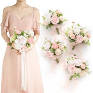lot 712 image: Lings moment Artificial Bridesmaid Bouquets Set of 4,Pink Wedding Flower Bouquets Blush & Cream Floral Bouquet White Rose Bridal Bouquets with Ribbon,Ceremony,Anniversary,7-inch Diameter - Retail $124