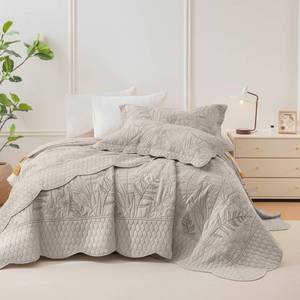 lot 717 image: Masaca Oversized King Bedspread 128x120,Linen Colored Leaves Pattern Stitching Oversized King Quilt Soft Lightweight Botanical Extra Large King Farmhouse Boho Quilt Coverlet Bedding Set 3Pcs - Retail $120