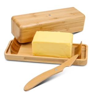 lot 723 image: Bamboo Butter Dish with Lid for Countertop Butter Container for Fridge Magnetic Butter Holder with Knife for East and West Coast Butter By beardo decor - Retail $17