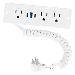 lot 725 image: Drawer Outlet with Spring Cord, 20W Fast Charging Recessed Power Strip, 3AC2USB-C1USB-A for FurnitureDeskConference Table, 6ft Cable, White - Retail $28