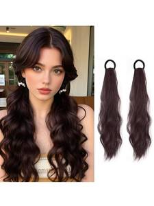 lot 733 image: 2PCS Curly Ponytail Extension with Elastic Tie 17 Inch Resistant Synthetic Natural Wavy Hairpiece Pony Tail Hair Extensions Wave Fake Ponytail Hairpieces for Women Daily Wear - Retail $14
