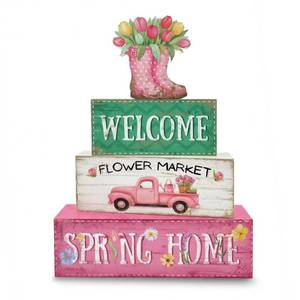 lot 734 image: Golibra Spring Decorations, 4 Pcs Wooden Spring Table Decorations, Farmhouse Rain Boots Tiered Tray Decor, Wooden Table Sign for Desk Shelf Mantel Coffee Bar, Indoor Home Decor - Retail $12