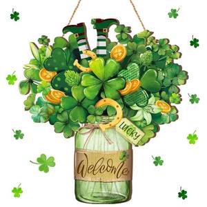 lot 736 image: Boao Welcome St. Patricks Day Door Hanger Shamrock Wooden Hanging Sign Lucky Irish Wood Wreath Decor for Happy St. Patricks Day Party Front Door Wall Home Decorations - Retail $14