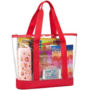 lot 748 image: Handy Laundry Clear Tote Bag - Zipper Closure, Long Shoulder Strap, Fabric Trimming. (Red) - Retail $9