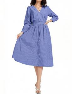 lot 749 image: LUXEBOLD Womens Long Sleeve V Neck Maxi Dress Striped Casual Flowy A line Mid Dress Elastic Waist Long Dresses for Women with Pockets Dark Blue L - Retail $11