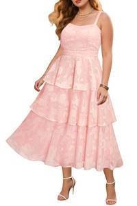 lot 750 image: Pinup Fashion Plus Size Summer Dresses Easter Pink Beach Wedding Guest Floral Lace Spring Spaghetti Strap Tiered Long Sundress 2025 24W - Retail $56