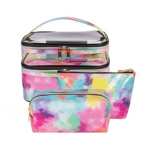 lot 760 image: FITINI 3 Pieces Makeup Bags Double Layer Travel Large Cosmetic Cases Organizer Toiletry Bags Waterproof Small Zipper Pouch for Women Makeup Brush Storage Bag,Tie Dyed - Retail $19