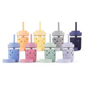 lot 762 image: FOUR PACK SEE PHOTOS FOR COLOR lk and Friends Kids  Toddler Glass Cups  The Original 8oz Glass Mason Jar with Sleeves  Lids  Silicone Straws  Stopper  Smoothie Cup  Food Storage  Spill Resistant  Dishwasher Safe  4 Pack - Retail $36