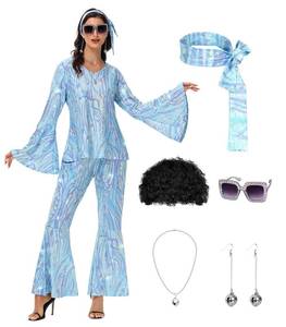 lot 766 image: 70s Disco Costume for Women - 1970s Disco Outfit with Wig, Earrings, glasses, Necklace, Headband, Sequin Top & Bell Bottoms (Light blue, Medium) - Retail $46
