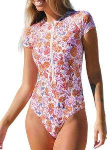 lot 777 image: CUPSHE One Piece Swimsuit for Women Mock Neck Zipper Short Sleeve Floral Print Bathing Suit M - Retail $40
