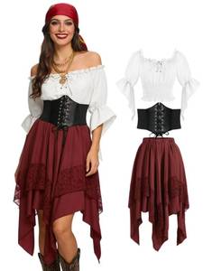 lot 780 image: Verceco Women Pirate Costume Adult Renaissance Medieval Outfit with Peasant Top and Pirates Skirt 3-Piece Halloween Set (Red, M) - Retail $44