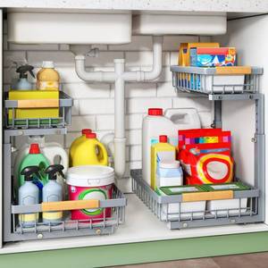 lot 781 image: Kitstorack Under Sink Organizer, 2 Tier Under the Sink Storage, Slide out Pull out Cabinet Organizer Shelf, Metal Sliding Drawer for Kitchen Bathroom Pantry Closet Organization Rack, Grey, 1 Pack - Retail $35