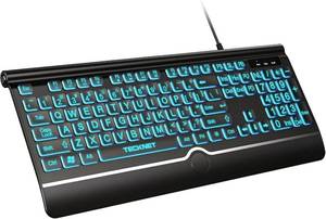 lot 795 image: TECKNET Large Print Backlit Keyboard, Wired USB-A Computer Keyboard with Wrist Rest, 7-Color Backlit, Oversized Letter Keys Easy to See, Plug-and-Play, Silent, Light Up Keyboard for WindowsPCLaptop - Retail $19
