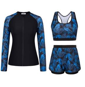 lot 822 image: Pre Owned 3 Piece Rash Guard for Women Long Sleeve Zip Up Bathing Suits with Boyshort UPF 50 Swim Shirt Built in Bra Blue Palm Leaf M - Retail $38