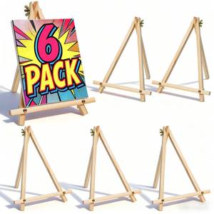 lot 839 image: XCMVCN 6 Pack 9 Inch Wood Easels, Tabletop Painting Easel Stand for Canvas, Photo & Sign Display - Portable Tripod Art & Craft Easels for Kids and Adults - Retail $8