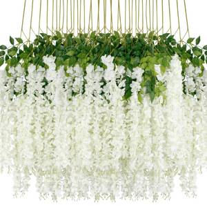 lot 847 image: 48Pcs Artificial Wisteria Flowers 3.6 FeetPiece White Dense Artificial Fake Wisteria Vine Ratta Hanging Garland Silk Flowers String Home Party Wedding Decor(White-Dense) - Retail $40