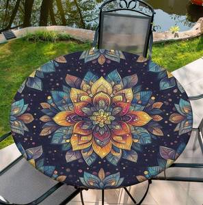 lot 849 image: Yesad Round Tablecloth Stretch Round Fitted Tablecloth with Elastic, Boho Waterproof Table Cloth for 42-46 Round Table, 48Inch - Retail $25