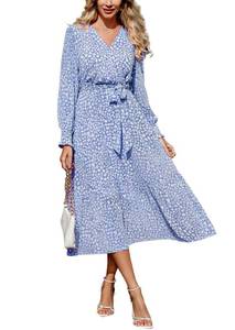 lot 869 image: PRETTYGARDEN Womens Floral Boho Dress Fall Long Sleeve Wrap V Neck Ruffle Flowy Maxi Spring Wedding Guest Vacation Dresses (Light Blue,Medium) - Retail $50
