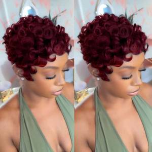 lot 871 image: VRZ Short Human Hair Wigs for Black Women Pixie Cut Wig Human Hair Machine Made Burgundy 99J Chic Glueless Short Curly Wigs With Bangs Color 99J#S58#PH - Retail $24