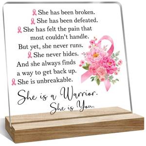 lot 891 image: Inspirational Breast Cancer Survivor Gifts for Woman, Breast Cancer Warrior Desk Decorative Sign, 4x4 Inches - Retail $10