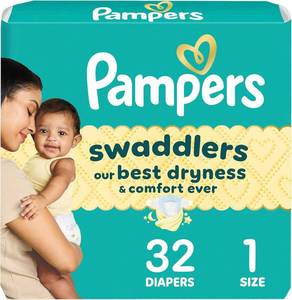 lot 898 image: Pampers Swaddlers Diapers, Size 1 (8-14 lbs), 32 Count, Absorbent, Keeps Baby Dry and Comfortable, Skin Safe Disposable Baby Diaper (Packaging May Vary) - Retail $11