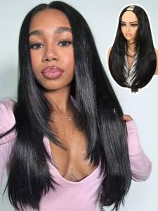 lot 920 image: Quantum Love Yaki Straight Layered U Part Wigs V Part Glueless Clip in Half Wigs for Women Realistic Natural Looking Heat Resistant Synthetic Hair(24inch,Natural Black) - Retail $26