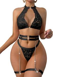 lot 922 image: Vicarly Sexy Cutout Chain Floral Lace Halter Heart Ring Garter Belt Lingerie Set 3 Piece Women See Through Underwear Matching Bra Panty Black X-Large