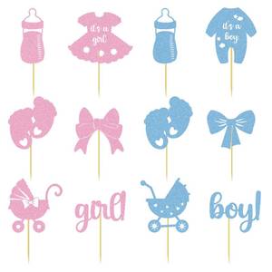 lot 929 image: 24Pcs Baby Gender Revealing Cupcake Decoration, Gender Reveal Cupcake Toppers Decorations Supplies with Glitter Paper Bottles Bows Bodysuits Pants Dresses & Feet for Party - Retail $6