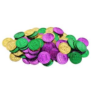 lot 958 image: Beistle Mardi Gras Plastic Coins, 100 Pieces �� Green, Gold & Purple New Orleans Street Celebration Party Favors, Themed Parade Supplies, Birthday Table Centerpiece Decorations - Retail $9