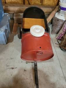 lot 3 image: Red barrel cart with Metal Frame and Rubber Wheels 44in