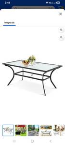 lot 98 image: 66 in Patio Dining Set with Glass Table with 6 sling Chairs matching umbrella and bass. Photo of table is for refrence  color is grey