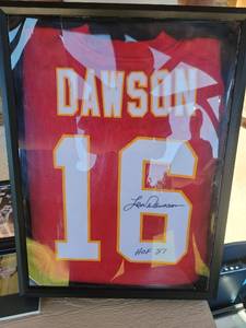 lot 169 image: Len Dawson Signed Kansas City Chiefs Jersey with HOF 87 Inscription Framed