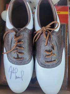 lot 202 image: Signed PGA player Justin Leonard FootJoy Two-Tone Golf Shoes with Brown Laces