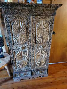 lot 256 image: 165 years oldHand Carved Wooden Storage Cabinet with Sunburst Design