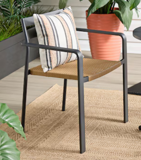 lot 56 image: Style Selections Darcy Wicker Stackable Black Steel Frame Stationary Dining Chair with Woven Seat - see all images