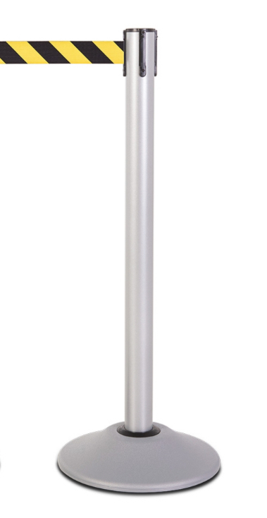 lot 9 image: Premium Retractable Belt Stanchion - Silver powder coated steel post with 15lb base & 7.5 safety yellowblack chevron belt Retails $65