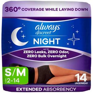 lot 22777 image: Always Discreet Adult Incontinence Overnight Underwear for Women, SmallMedium, Up to 100% Bladder Leak Protection, 14 Count SM - Retail $14