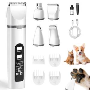 lot 22778 image: Dog Clippers for Grooming, 4 in 1 Dogs Paw Trimmer Pet Grooming Kit, Low Noise Dog Shavers with Nail Grinder Quiet, Rechargeable Cordless Electric Pets Clippers, 2-Speed Pet Hair Trimmer for Dogs Cat - Retail $25