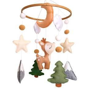 lot 22781 image: Woodland Baby Crib Mobile, Deer Baby Mobile for Crib Boys & Girls, Fawn Nursery Mobile, Forest Theme Baby Nursery Decor, with Moon, Stars, Trees & Mountains - Retail $28