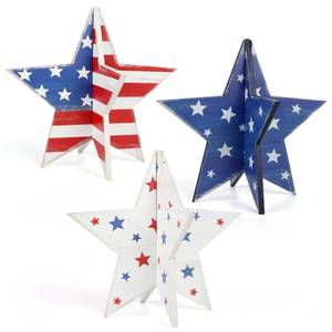 lot 30243 image: COCHIE 6 Inch Labor Day Decorations Wooden Stars Set, Vintage 3D Star Memorial Day Tiered Tray Decor, 4th of July Red White Blue Patriotic Decoration for Home Table Desk Door Shelf (Flag Retro) - Retail $14