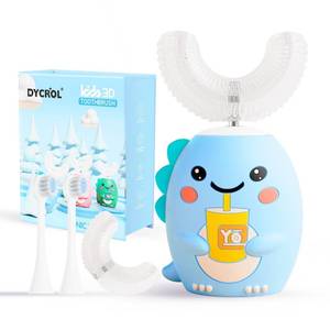 lot 30246 image: DYCROL Kids U Shaped Electric Toothbrush with 4 Brush Heads, Sonic Toothbrush Kids with 5 Modes, Cartoon Dinosaur 360-Degree Cleaning IPX7 Waterproof Design (6-12 Age (Blue)) - Retail $27