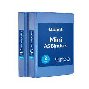 lot 30251 image: Oxford Mini View Binders, 1 Round Rings, Small Binders for School or Office, Holds A5 Size Paper, 2 Clear Pockets, PVC-Free, Non-Stick, 5.5 x 8.5 inches, Holds 225 Sheets, Blue, 2 Pack (1017045) - Retail $7
