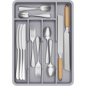 lot 30274 image: Lifewit Silverware Drawer Organizer Tray, Plastic Cutlery Storage for Kitchen, Flatware and Utensil Holder Divider for Spoons Forks Knives Tableware, 9.5 x 13.4, 5 Slots, Gray - Retail $15