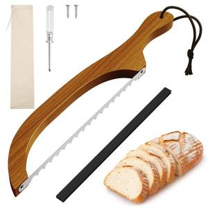 lot 30275 image: FTCIRA Bread Knife for Homemade Bread 16 Walnut Bow Bread Cutter with Ultra-Sharp Serrated Stainless Steel Blade, Sourdough Bread Knife for Bagels, Baguettes, and Rustic Loaves - Walnut Color - Retail $8