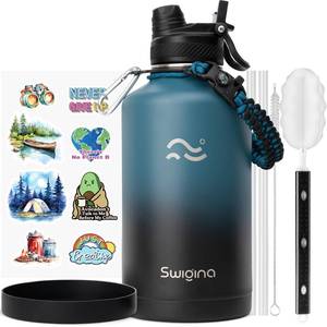 lot 33065 image: Swigina 64 oz Insulated Water Bottle with Silicone Boot (48hrs Cold24hrs Hot) - DIY Stickers, Leakproof, BPA Free, Half Gallon 2-IN-1 LID - Retail $18