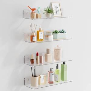 lot 33071 image: HANGE 4-Pack Clear Acrylic Floating Shelves, 12 Invisible Wall Mounted Shelves Space-Saving Storage for Kids Books, Bathroom, Bedroom, Kitchen, Living Room Modern Display Organizer - Retail $12